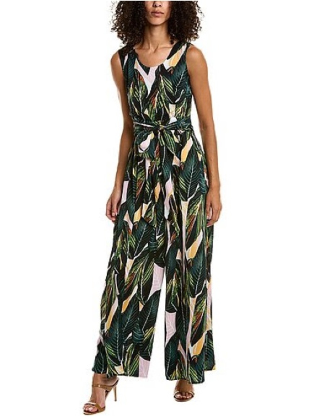 Gracia Sleeveless Tropical Leaf Jumpsuit in Green and Pink